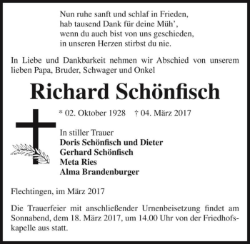 Traueranzeige von Richard Schönfisch  von Magdeburger Volksstimme