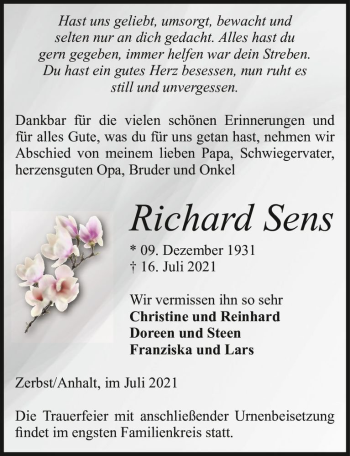 Traueranzeige von Richard Sens  von Magdeburger Volksstimme