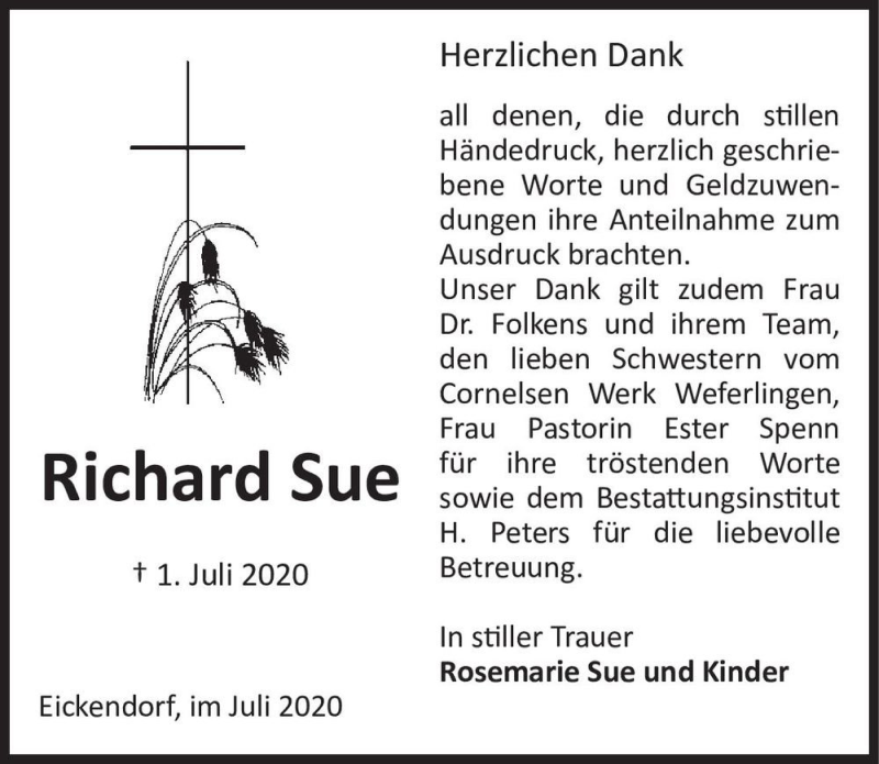 Traueranzeige für Richard Sue  vom 29.07.2020 aus Magdeburger Volksstimme