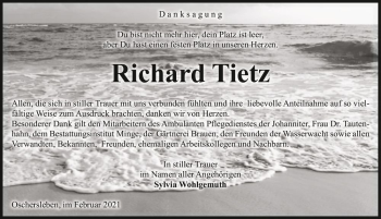 Traueranzeige von Richard Tietz  von Magdeburger Volksstimme