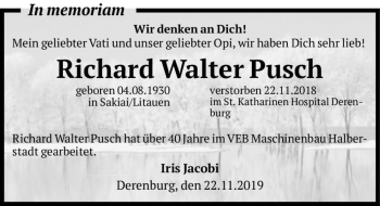 Traueranzeige von Richard Walter Pusch  von Magdeburger Volksstimme