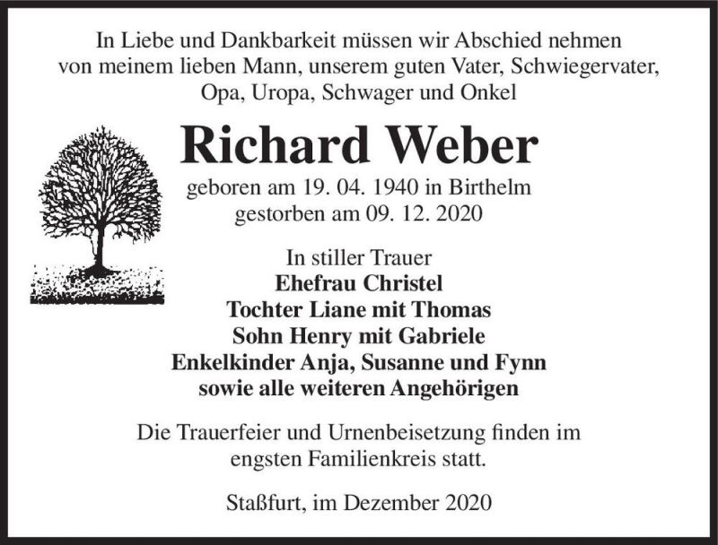  Traueranzeige für Richard Weber  vom 12.12.2020 aus Magdeburger Volksstimme