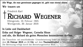 Traueranzeige von Richard Wegener  von Magdeburger Volksstimme