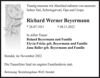 Traueranzeige von Richard Werner Beyermann  von Magdeburger Volksstimme
