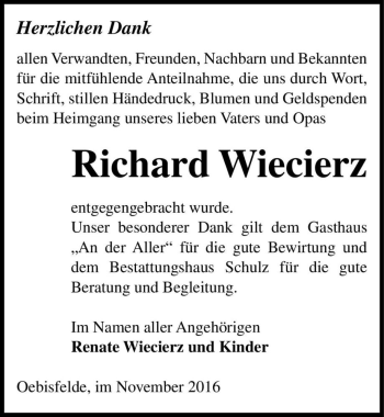 Traueranzeige von Richard Wiecierz  von Magdeburger Volksstimme