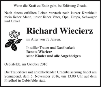 Traueranzeige von Richard Wiecierz  von Magdeburger Volksstimme