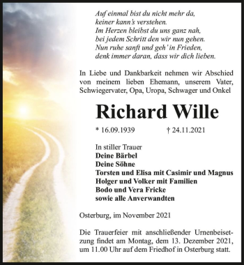 Traueranzeige von Richard Wille  von Magdeburger Volksstimme