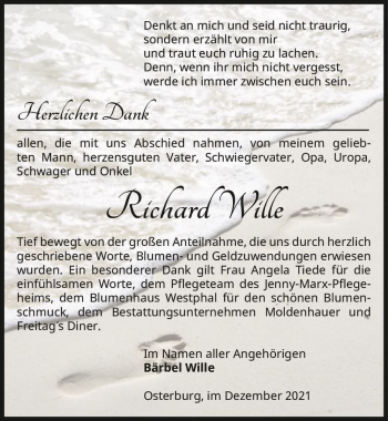 Traueranzeige von Richard Wille  von Magdeburger Volksstimme