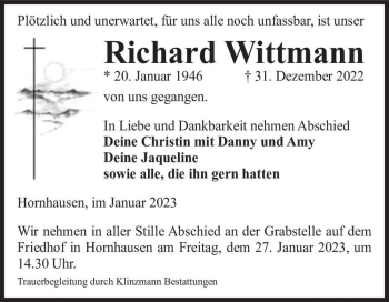 Traueranzeige von Richard Wittmann  von Magdeburger Volksstimme