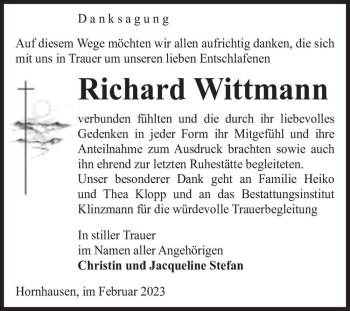 Traueranzeige von Richard Wittmann  von Magdeburger Volksstimme