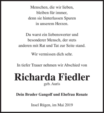 Traueranzeige von Richarda Fiedler (geb. Auris)  von Magdeburger Volksstimme