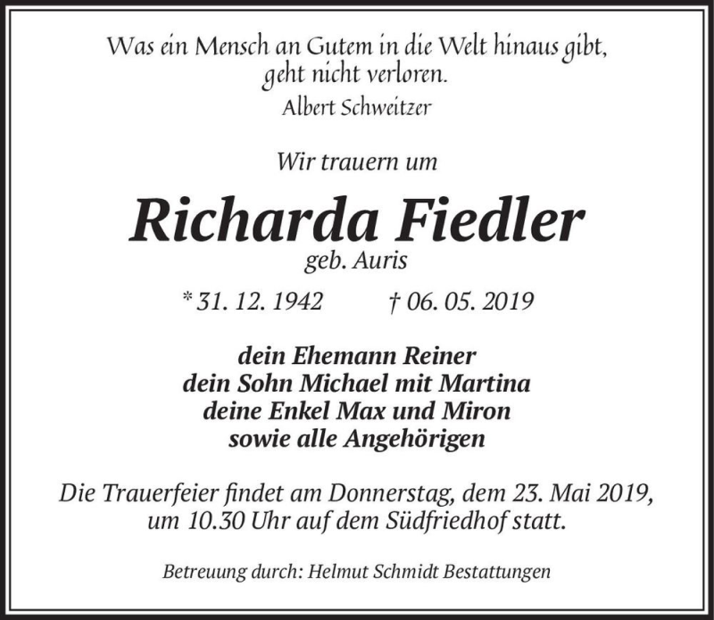  Traueranzeige für Richarda Fiedler (geb. Auris)  vom 11.05.2019 aus Magdeburger Volksstimme