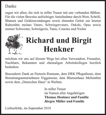 Traueranzeige von Richard und Birgit Henkner  von Magdeburger Volksstimme