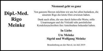 Traueranzeige von Rigo Meinke  von Magdeburger Volksstimme