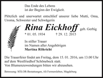 Traueranzeige von Rina Eickhoff (geb. Gerbig)  von Magdeburger Volksstimme