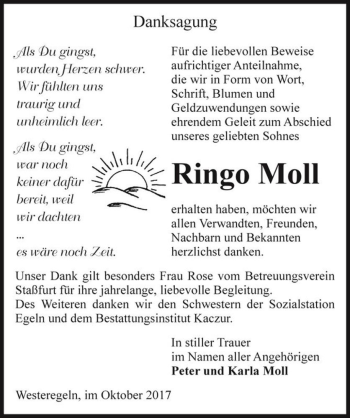 Traueranzeige von Ringo Moll  von Magdeburger Volksstimme