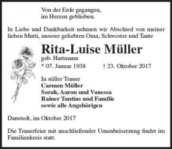 Traueranzeige von Rita-Luise Müller (geb. Hartmann)  von Magdeburger Volksstimme