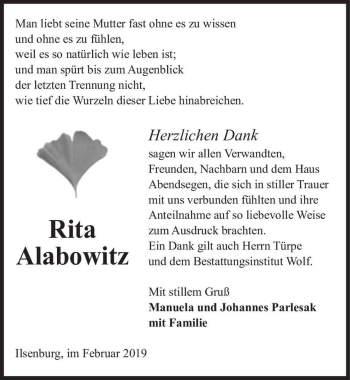 Traueranzeige von Rita Alabowitz  von Magdeburger Volksstimme