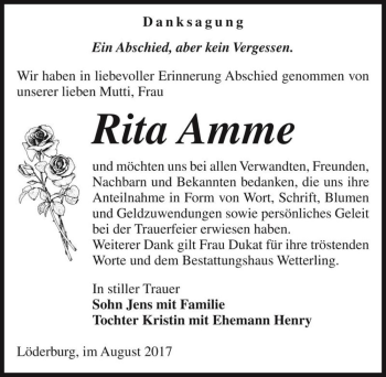 Traueranzeige von Rita Amme  von Magdeburger Volksstimme