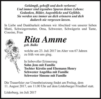 Traueranzeige von Rita Amme (geb. Balke)  von Magdeburger Volksstimme