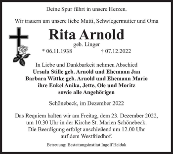 Traueranzeige von Rita Arnold (geb. Linger)  von Magdeburger Volksstimme