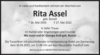 Traueranzeige von Rita Assel (geb. Bunzel)  von Magdeburger Volksstimme
