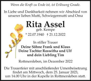 Traueranzeige von Rita Assel (geb. Kempe)  von Magdeburger Volksstimme