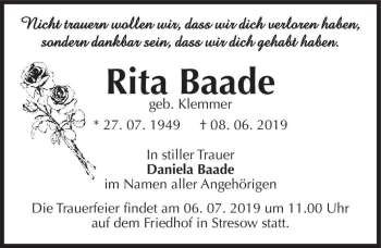 Traueranzeige von Rita Baade (geb. Klemmer)  von Magdeburger Volksstimme