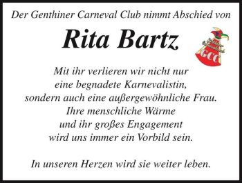 Traueranzeige von Rita Bartz  von Magdeburger Volksstimme