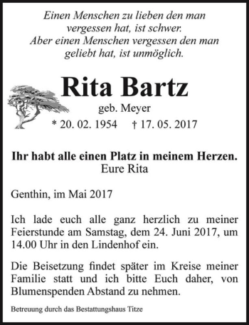 Traueranzeige von Rita Bartz (geb. Meyer)  von Magdeburger Volksstimme