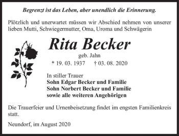 Traueranzeige von Rita Becker (geb. Jahn)  von Magdeburger Volksstimme
