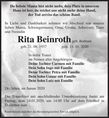 Traueranzeige von Rita Beinroth (geb. Bertram)  von Magdeburger Volksstimme