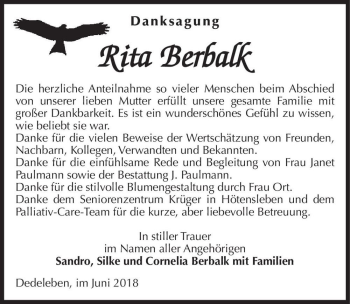 Traueranzeige von Rita Berbalk  von Magdeburger Volksstimme