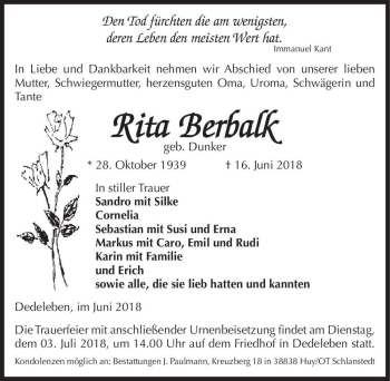 Traueranzeige von Rita Berbalk (geb. Dunker)  von Magdeburger Volksstimme