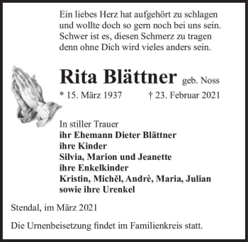 Traueranzeige von Rita Blättner (geb. Noss)  von Magdeburger Volksstimme