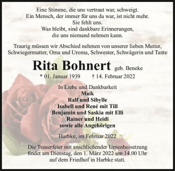 Traueranzeige von Rita Bohnert (geb.  Beneke)  von Magdeburger Volksstimme