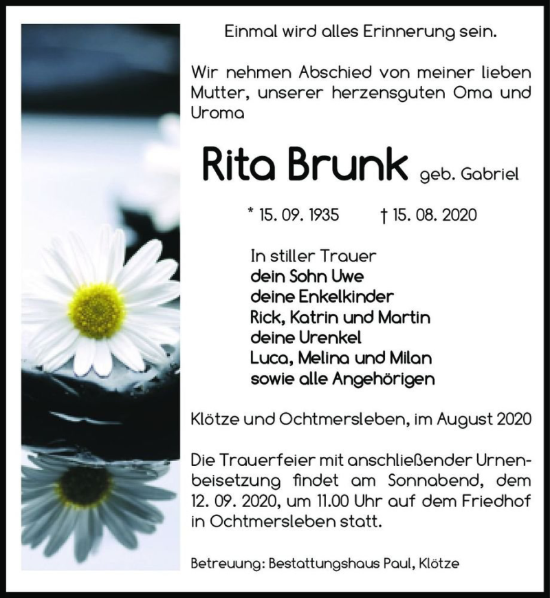  Traueranzeige für Rita Brunk (geb. Gabriel)  vom 22.08.2020 aus Magdeburger Volksstimme