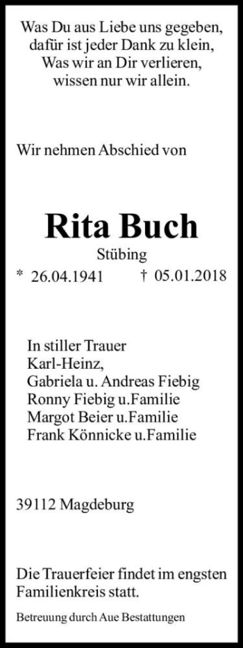 Traueranzeige von Rita Buch (Stübing)  von Magdeburger Volksstimme