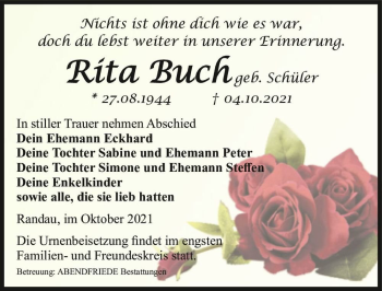 Traueranzeige von Rita Buch (geb. Schüler)  von Magdeburger Volksstimme