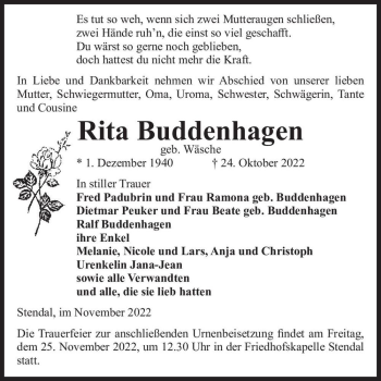 Traueranzeige von Rita Buddenhagen (geb. Wäsche)  von Magdeburger Volksstimme