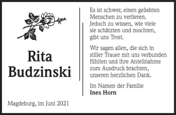 Traueranzeige von Rita Budzinski  von Magdeburger Volksstimme