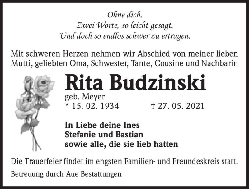  Traueranzeige für Rita Budzinski (geb. Meyer)  vom 05.06.2021 aus Magdeburger Volksstimme