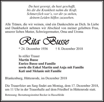 Traueranzeige von Rita Busse  von Magdeburger Volksstimme