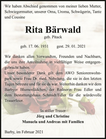 Traueranzeige von Rita Bärwald (geb. Pitack)  von Magdeburger Volksstimme
