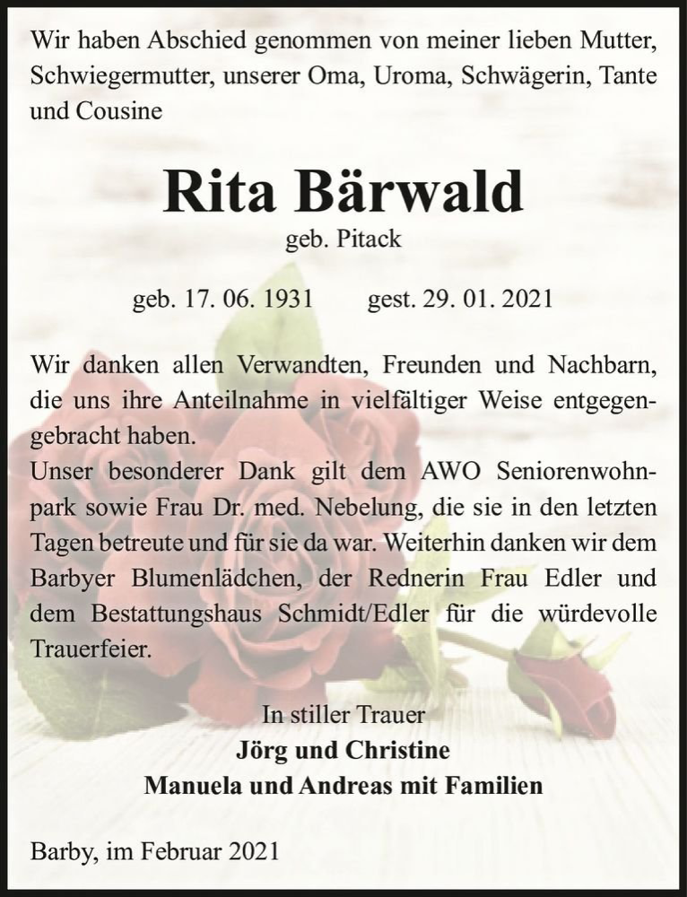  Traueranzeige für Rita Bärwald (geb. Pitack)  vom 27.02.2021 aus Magdeburger Volksstimme