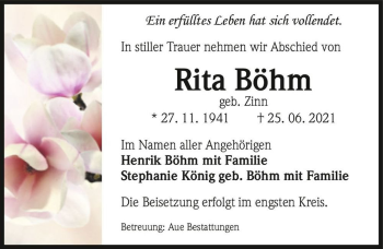 Traueranzeige von Rita Böhm (geb. Zinn)  von Magdeburger Volksstimme