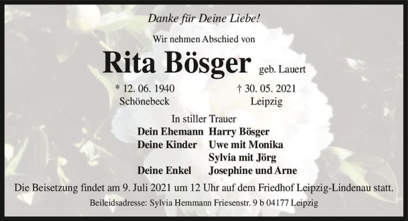  Traueranzeige für Rita Bösger (geb. Lauert)  vom 19.06.2021 aus Magdeburger Volksstimme