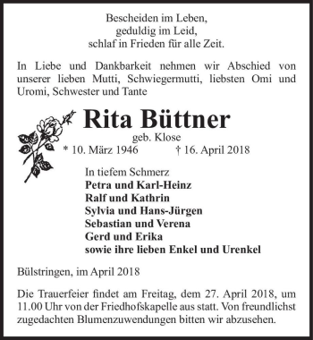 Traueranzeige von Rita Büttner (geb. Klose)  von Magdeburger Volksstimme
