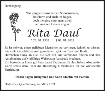 Traueranzeige von Rita Daul  von Magdeburger Volksstimme