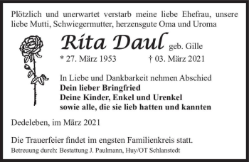Traueranzeige von Rita Daul (geb. Gille)  von Magdeburger Volksstimme